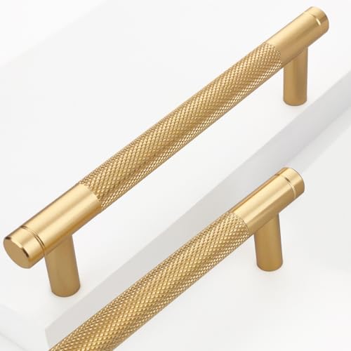 12 Pack 5 Inch 128 mm Gold Knurled Cabinet Handles Cabinet Pulls Aluminum Handles Pulls Oxidation Finish with Diamond Pattern 6" Length (5" Hole Center) - color: Gold, size: 5 Inch
