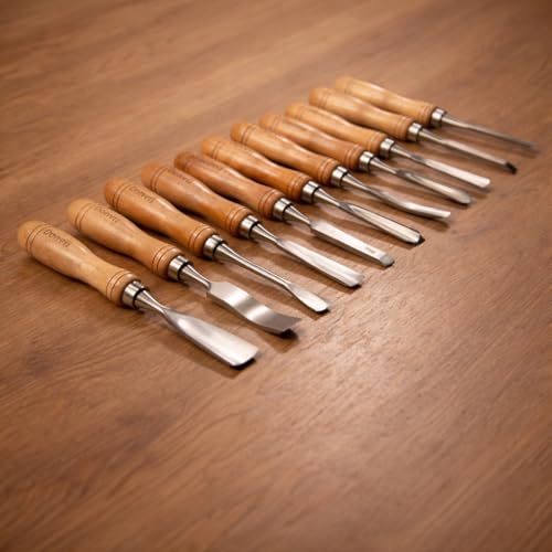 12-Pieces Wood Carving Tools Set – Professional Carving Chisel with Razor Sharp CRV-60 Steel Blades and Wooden Handles in a Wooden Storage Case- Wood Carving Kit