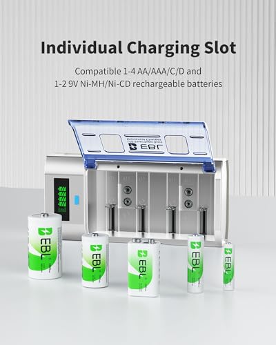 EBL Universal Smart Battery Charger with Discharge Function – Multi-Bay Rapid Charger for C D AA AAA 9V Ni-MH Ni-CD Batteries, LCD Display