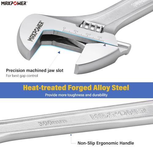 MAXPOWER 4-Pc Adjustable Wrench 6" 8" 10" 12", Jaw 0.87" 0.98" 1.18" 1.5" | Multi-purpose Adjustable Spanner, Smooth Parallel Jaw, Non-Slip Comfort Grip - size: 6" 8" 10" 12"