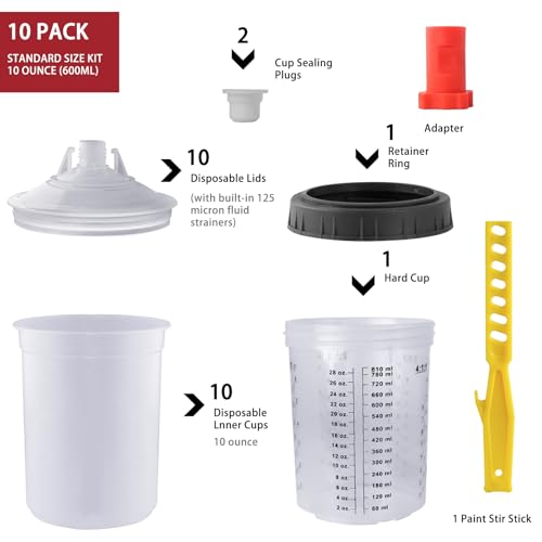 Disposable Paint Mixing Cup 27 Ounce (800ml) Kit,HVLP Paint Sprayer Gun Mixing Cups with 10 Cups and Lids System, 2 Plugs and 1 Hard Cup with Retainer Ring,Paint Stirrer (10)