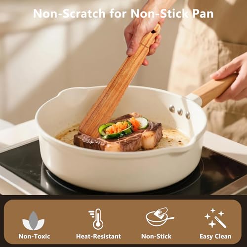 2 Pack Teak Wood Spatula, 12 Inch Wooden Spoons for Cooking, Sourdough Starter, Flat Steak Turner, Dough Whisk Spurtle Baking Utensil, Heat Resistant Spatulas for Cast Iron Flipping, stirring, Turning - size: Flat Spatulas
