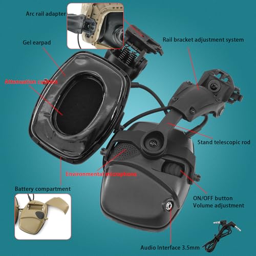 Hearing Protection Noise Cancelling Sound Amplification with Gel Ear Pad/ARC Rail Adapter Ideal for Shooting Sport - color: Black