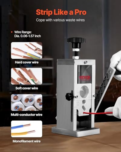VEVOR Manual Wire Stripping Machine, 0.06''-1.5'' Copper Stripper with Hand Crank or Drill Powered, Visible Stripping Depth Reference, Portable Aluminum Frame Wire Peeler for Scrap Copper Recycling - size: 0.06''-1.5''