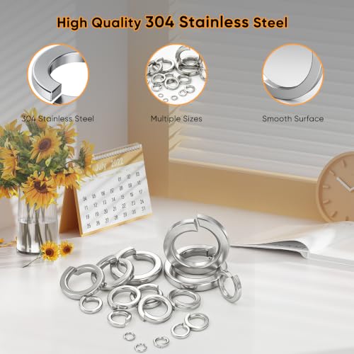 1000Pcs Spring Lock Washers Assortment Kit, Metric Split Lock Washer Set, 304 Stainless Steel Lock Washers for Screws Bolts,9 SAE Sizes M2 M2.5 M3 M4 M5 M6 M8 M10 M12