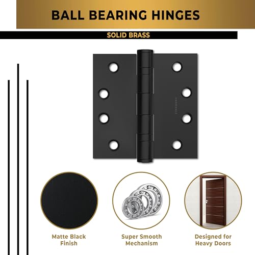 Door Hinge Ball Bearing 4 x 4 Inches Solid 304 Steel Durable Heavy Duty Machined NRP Architectural Grade Mortise Hinges - Set of 2 Matte Black Door Hinges (Flat Black)