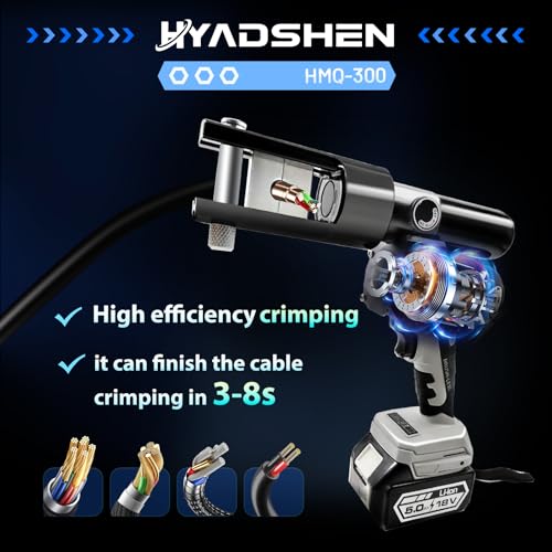 Electric Hydraulic Cable Lug Crimping Tool, Hydraulic Electrical Terminal Cable Lug Wire Crimper Rechargeable Crimping Tool Kits with 11 Dies, 6 AWG to 600 MCM（HMQ-300）