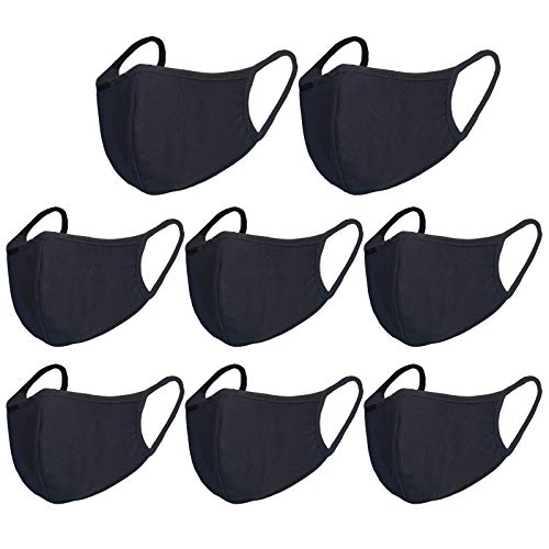 Black Dust Face Mask - All Cotton - Reusable Cloth Comfy Fabric Mask | for Adults Women Outdoor Sport Travel, Washable Breathable Half Face Cloth Mouth Masks with Earloop - color: Pack 8 Black