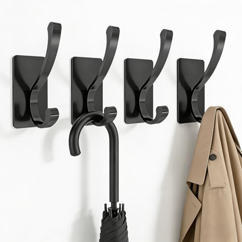 Jesginboo Self Adhesive Heavy Duty Coat Hooks for Wall, 4 Packs Black