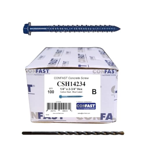CONFAST 1/4" x 2-3/4" Hex Head Concrete Screw Anchor with Drill Bit for Anchoring to Masonry, Block or Brick (100 per Box) - size: 1/4" x 2-3/4"