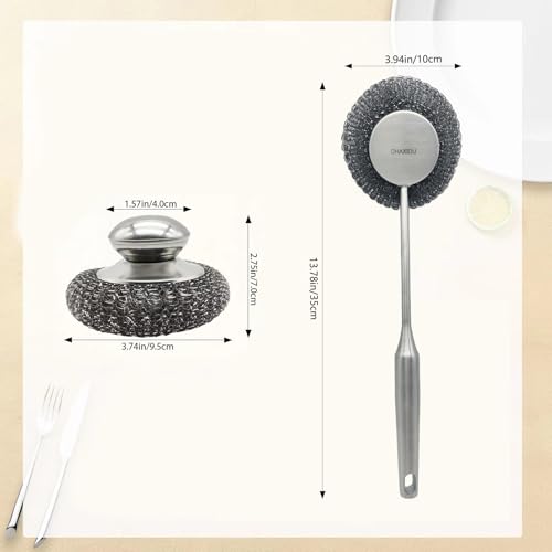 Stainless Steel Wool Scrubber Set, Long HandleBrushes for Pots, Pans, Grills & Cutlery Cleaning (3 Pack)