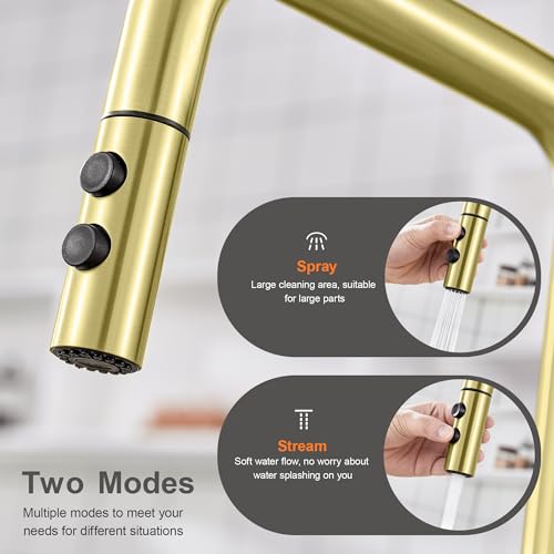 TIORIY Kitchen Faucet Head Replacement Metal, Pull Down Spray Head with 15 Adapters for Kitchen Faucet, 2 Function Kitchen Sink Spray Nozzle, Stainless Steel, Brushed Gold - color: Brushed Gold