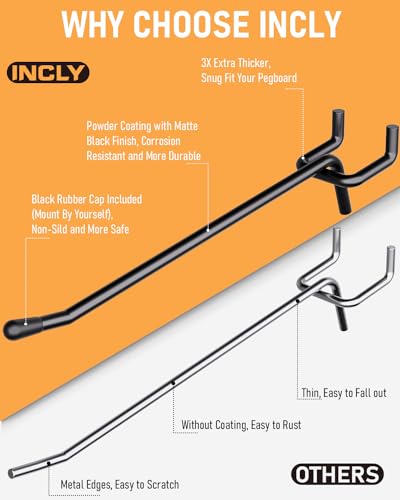 INCLY 60 Pack 6 Inch Black Pegboard Hooks, 1/4" Heavy Duty - color: Black, size: 6inch-60pcs