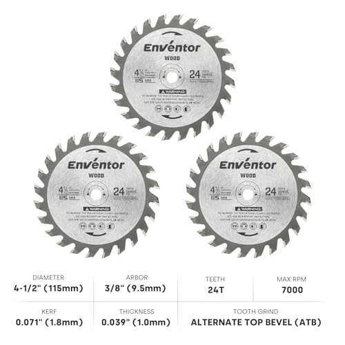 Enventor 3 Pack 4-1/2 Inch (115mm) Mini Circular Saw Blades 24T, 3/8 Inch (9.5mm) Arbor for Wood Cutting