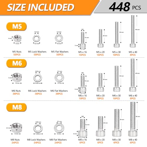 448 Pcs M5 M6 M8 Hex Socket Head Cap Screws Kit, 16/20/30/40mm Metric Bolts | 304 Stainless Steel Metric Screws Assortment Kit, Bolts Nuts and Washers for Auto, Motorcycle 3D Printer And Machinery - size: M5/M6/M8 - 16/20/30/40mm