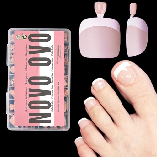 NOVO OVO Fake Toe Nail Tips Press on, French Tip Soft Gel Toenail Extension, BABY PINK Square Round Pre-applied Tip Primer & Base Coat, Full Cover Matte False Nails for DIY x 15 Sizes 360Pcs - color: Square Round French Tip Light Pink