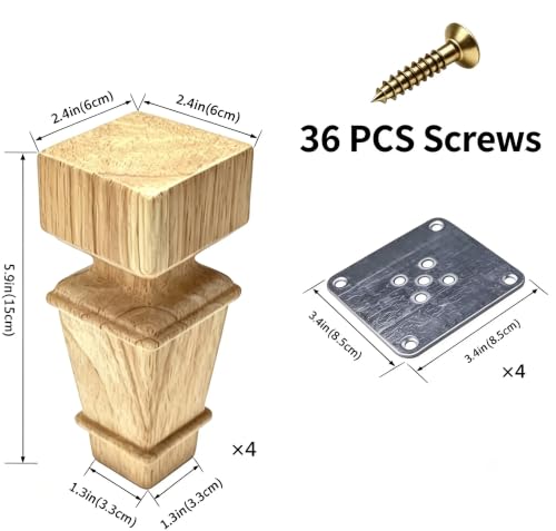 Set of 4 Wooden Furniture Legs 6inches with Mounting Plates Screws Wood Unpainted European Style Replacement Furniture Feet for Couch Cabinet Sofa Ottoman TV Stand Home DIY Projects (15cm（6inch）)
