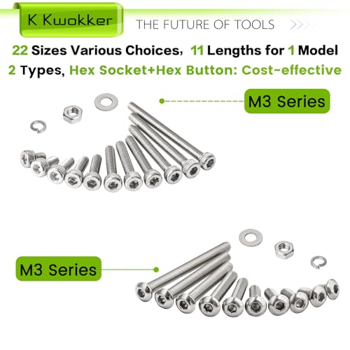 2540Pcs M3 Screws 4MM to 35MM, Socket Head & Button Head Screws, 304 Stainless Steel Assorted Nuts and Bolts Assortment Kit M3 Screw Kit with Nuts, Washer and Lock Washers - size: F. M3