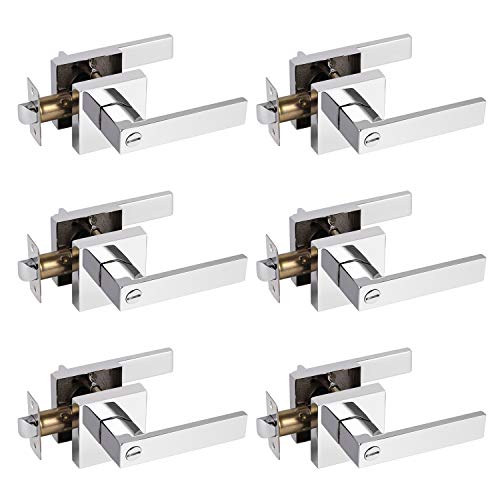 Probrico Polished Chrome Privacy Door Levers Heavy Duty Lockset for Interior Bedroom/Bathroom, Flat Square Universal Handing Handlesets/Leversets, 6 Pack - color: Polished Chrome