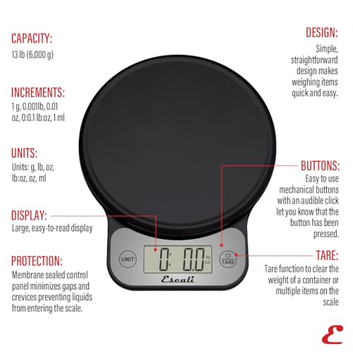 Escali Telero Digital Food Scale, High Precision Kitchen Scale for Cooking, Baking, Portion Control, Meal Prep, Weigh in Grams and Ounces, 11 lb Capacity, Black (T136) - color: Black