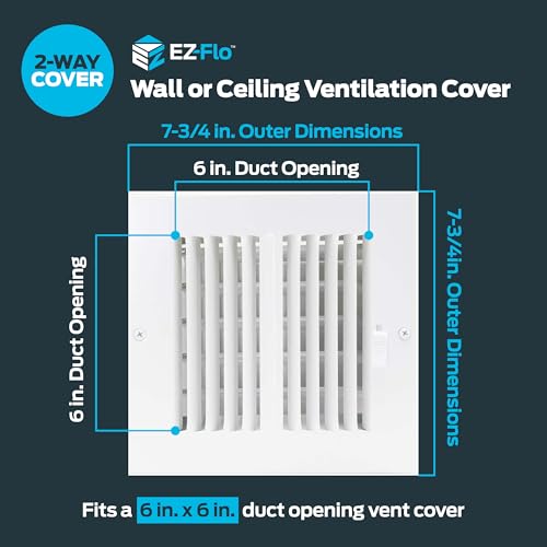 EZ-FLO 6 x 6 Inch (Duct Opening) Air Vent Cover for Wall or Ceiling, Two-Way Ventilation Register, Solid Steel HVAC Register Cover, White, 61660 - size: 6 in. x 6 in.