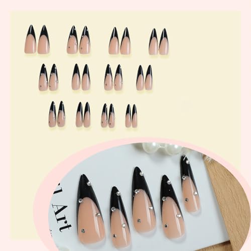 SINHOT Stiletto Press on Nails - Long Fake Nails, Glossy Finish, 3D Rhinestones & Black French Tip, DIY Artificial False Nail Art - 24 Pcs Nail Kit with Glue