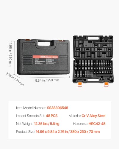 VEVOR 3/8" Drive Impact Socket Set, 48-Piece, Deep & Shallow Kit - size: 3/8" 48PCS