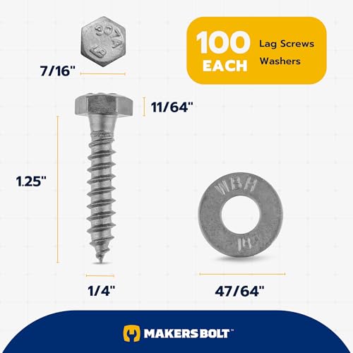 1/4 x 1-1/4" (100 Pack) Lag Screw Kit, 100 Screws and 100 washers, Hot Dip Galvanized, Meets ASME B18.2.1 Industrial/Commercial Grade by Makers Bolt - size: 1/4 x 1-1/4