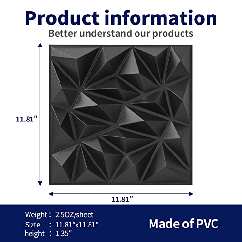 Art3dwallpanels 33 Pack 3D Wall Panels, Black PVC | Modern Raised 3D Wall Tiles, Waterproof Fireproof, 33 Sheets Large Pack, Easy DIY Mount for Residential Commercial Wall - color: Black