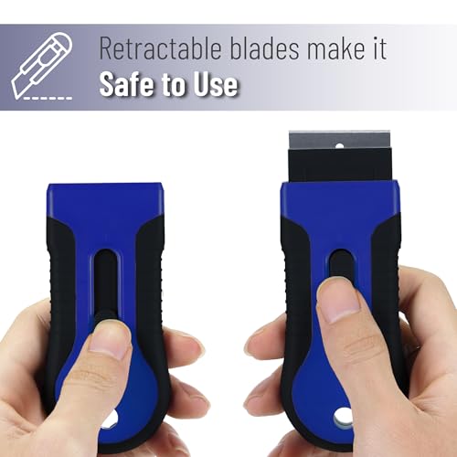 Bates- Razor Blade Scraper Tool, 2 Pack, 30 Extra Stainless Steel Blades, Anti-Slip Ergonomic Handle Design, Razor Scraper Set for Cleaning Window, Paint, Oven, Glass, Stove - color: Black & Blue