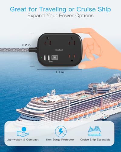 Cruise Essentials 2026,One Beat Travel Power Strip with USB C,Flat Plug 6ft - color: Black, size: 6Ft