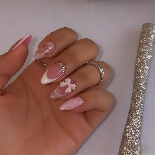 French Tip Almond Press on Nails Medium Pink Fake Nails 3D Bow Diamond Glitter Designs,Cute Reusable Artificial Nail Full Cover Stick on Nails for Women Manicure 24Pcs - color: 3d bow french pink glitter