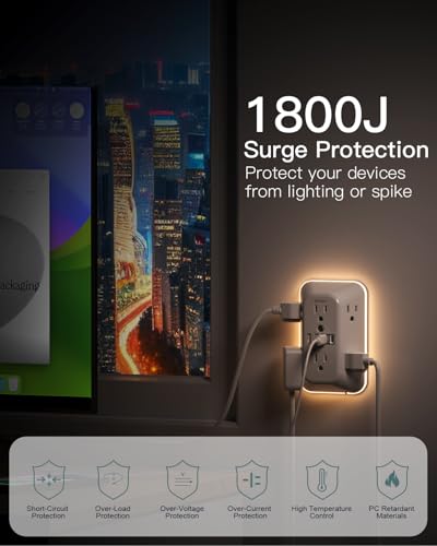 Addtam Surge Protector, 6 Outlet Extender with Night Light and 4 USB Ports | Multi Plug Wall Outlet, Electrical Outlet Splitter, 3-Sided 1800J Power Strip for Home/Dorm/RV, All-in-one, Easy to Install
