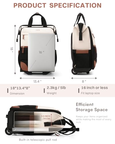 Rolling Puffer Backpack for Women, Travel Backpack with Wheels, 16 Inch Wheeled Laptop Backpck, Dual-Opening Design Overnight College Underseat Carry on Luggage, Roller Business Work Bag, Beige Brown - color: Beige Brown