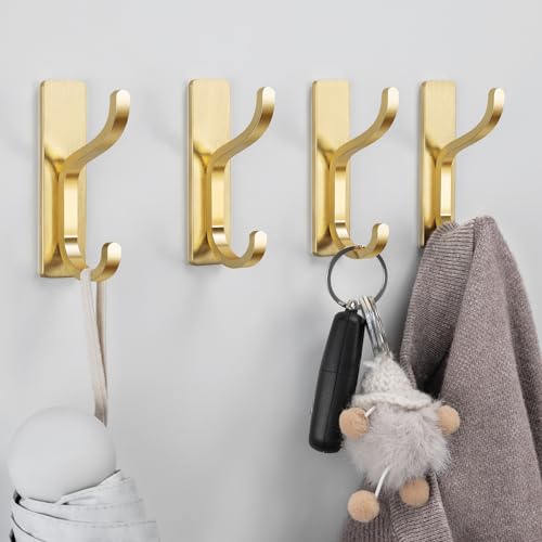 Adhesive Wall Hooks for Towel/Coat,13Lb Strong Stick-On Hooks, Gold 4 Pack - color: Gold, size: 4 Pack