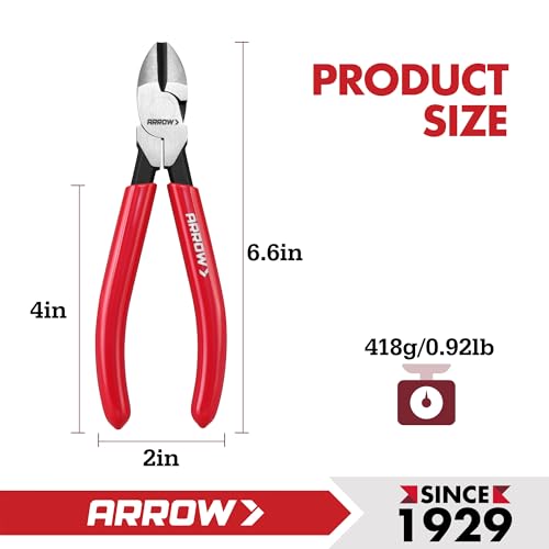 ARROW 6" High Leverage Diagonal Cutting Pliers, Wire Cutters, Side Cutters | Reinforced Jaws, Non-Slip Handle, Premium High Carbon Steel, Comfortable Grip, For Cutting Wires - size: 6 INCH