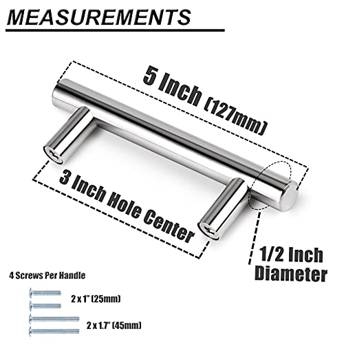 Probrico 5 Pack | 3" Cabinet Pulls Polished Chrome, Euro T Bar Kitchen Cabinet Hardware Stainless Steel Dresser Pulls Chrome Handles for Cabinet Dresser, 3" Hole Centers, 5" Total Length - color: Polished Chrome, size: hole center 3"