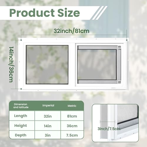 Vinyl Basement Window, Bathroom Sliding Window 32" x 14" White | Double Pane Insulated Tempered Glass and Fiberglass Screen for Basement, Bathroom, Shed - size: 32x14 IN