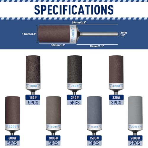 28Pcs Sanding Drums Sandpaper Sticks Set for Dremel Rotary Tool, 1/8" Shank 180/240/320/600/1000/1500/2000 Grits Different Meet More Needs for Metal Rust Removal/Stone Grinding/Jade Polishing - style: 28Pcs Mix Grit