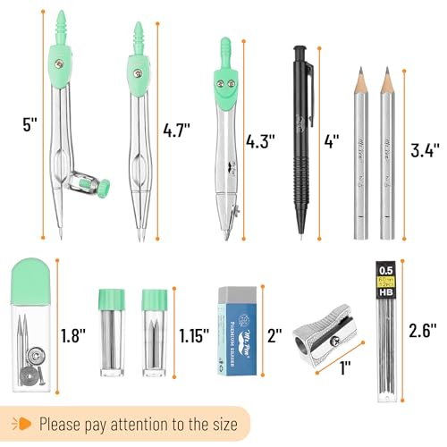 Mr. Pen- Geometry Set, 15 pcs, Green, 6 Inch Swing Arm Protractor, Divider - color: Green