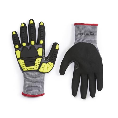 Amazon Basics Cut Level A1, Abrasion ANSI Level A4, Impact Protection Gloves with Touch Screen Friendly 15G Sandy Nitrile Palm, Pack of 120 Pairs, Yellow, Size Small - size: Small