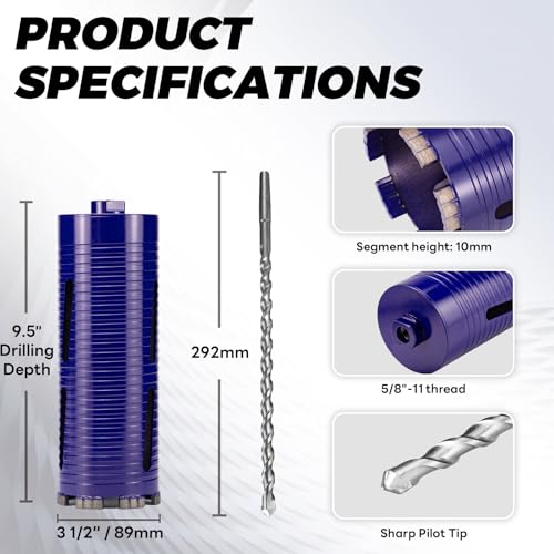 3-1/2" Core Drill Bit with Pilot Bit & Adapters(SDS Plus and 1/2" Hex), 5/8"-11 Thread, 9.5" Depth, Upgraded-Welded Segments Diamond Core Bits for Concrete, Masonry, Brick Block - size: 3-1/2"