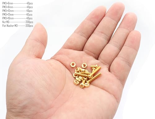 LBY 600pcs Machine Screws Assortment Kit, M3 Phillips Pan Head Bolts, 5 Sizes (with Nuts and Flat Washers), Copper (Yellow) - size: M3