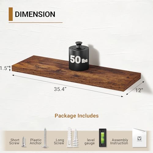 Vivelove 36 Inch Floating Shelve 12 Deep, 36 x 12 Inch, Rustic, Set of 2 - color: Rustic Brown, size: 35.4”wx12”dx1.5”h