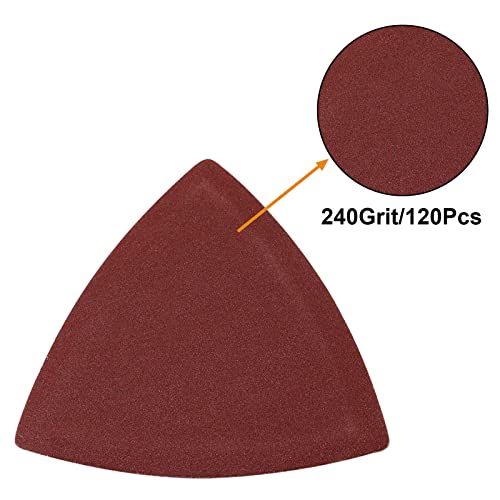120 Pcs Triangle Sanding Pads, 240 Grits Detail Sander Sandpaper Hook and Loop Sanding Sheet,3-1/8"(80mm) Triangular Sandpaper for 3-1/8" Oscillating Multi Tool, No Holes - size: 240 Grit, style: No Hole