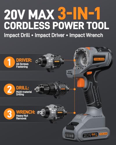 Teslong 20V MAX 3-in-1 Cordless Tool Kit, Impact Wrench, Drill & Driver