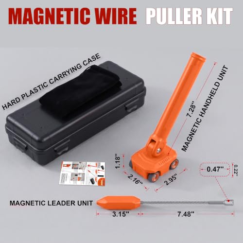Magnetic Wire Puller, High-Strength Magnet Cable Puller with Stainless Steel Leader, 180° Pivoting Ergonomic Handle, Multi-Function Stud Finder for Electrical Wall Wiring, Comes with Sturdy Case
