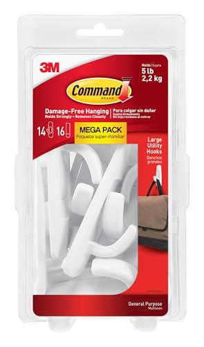 Command Large Utility Hooks, 14 Hooks and 16 Strips, Damage-Free Hanging Wall Hooks with Adhesive Strips, No Tools Adhesive Hooks for Hanging, Organization and Storage (Pack of 2) - size: 14 Hooks (Pack of 2)