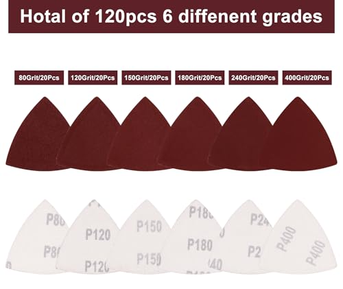 120 Pcs Triangle Sanding Pads, 80/120/150/180/240/400 Grits Detail Sander Sandpaper Hook and Loop Sanding Sheet,3-1/8"(80mm) Triangular Sandpaper for 3-1/8" Oscillating Multi Tool, No Holes - size: 80/120/150/180/240/400 Grit, style: No Hole