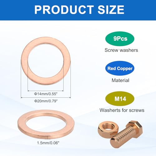 MECCANIXITY 9Pcs Flat Washer, M14 Copper Washers Copper Sealing Ring Crush Washer Kit Assortment, 14mm ID, 20mm OD, 1.5mm Thick for Bolts Screws Machinery Repair - size: 14mmx20mmx1.5mm